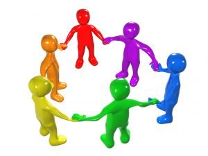 Royalty-free 3d computer generated people clipart picture image of a diverse circle of colorful people holding hands, symbolizing teamwork, friendship, support and unity.